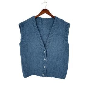 Vintage Hand Knit Mohair Sweater Vest Blue Button Front XL Blue Preppy Academia